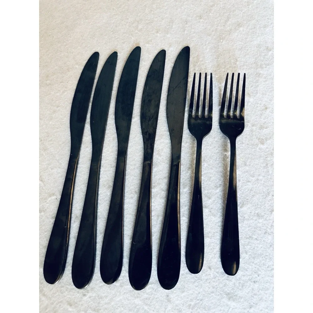 Cambridge Flatware Black Lot of 7 Utensils‎ Forks Knives Contemporary Sleek Home
